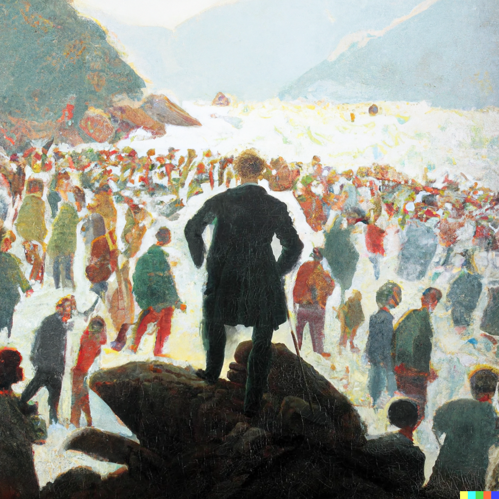 un uomo in piedi su una roccia che guarda una folla di persone su un dipinto di Friederich