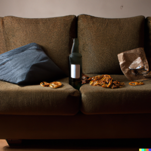 un'immagine che mostra un divano con una bottiglia di birra infilata tra due cuscini, un pacco di salatini, salatini sparsi e un cuscino blu sulla sinistra
