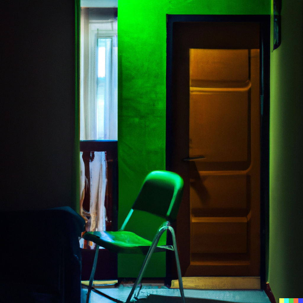Immagine generata con l'intelligenza artificiale che ritrae una sedia verde in un appartamento buio e una porta sulla destra, nello stile di Edward Hopper