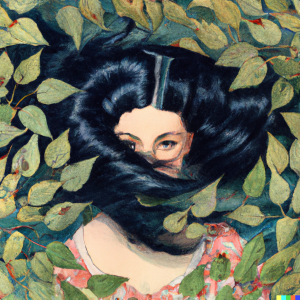 Il volto di una donna è avvolto dai suoi capelli scuri e da un vortice di foglie. Immagine del racconto "In fondo credo si tratti solo di un'improvvisa stanchezza"